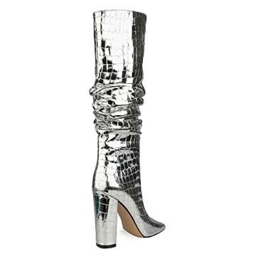 UP2STEP Women Patent Slouchy Block Heel Boots Shiny Sequins Knee High Chunky Heel Boot Mid Calf Dress Shoes Silver Size 9