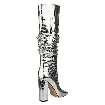 UP2STEP Women Patent Slouchy Block Heel Boots Shiny Sequins Knee High Chunky Heel Boot Mid Calf Dress Shoes Silver Size 9