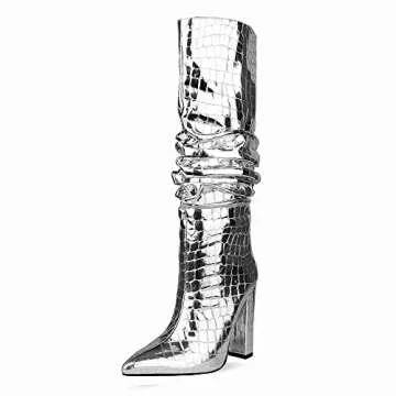 UP2STEP Women Patent Slouchy Block Heel Boots Shiny Sequins Knee High Chunky Heel Boot Mid Calf Dress Shoes Silver Size 9