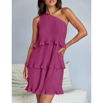 ZESICA Boho One Shoulder Chiffon Mini Dress Summer Flowy