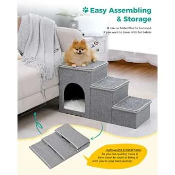 PETEPELA Cat Dog Stairs for Bed, Pet Steps for Small Dogs and Cats, Portable Heavy-Loaded [Up to 120 lbs] Dog Steps with Storage Box 3-Step to Couch, Doggie Car Ramp for Older Dogs