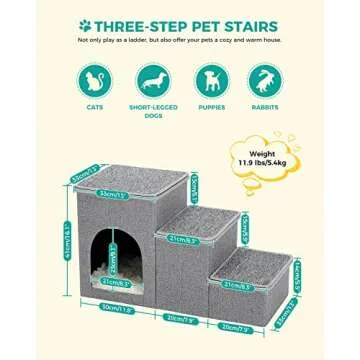 PETEPELA Cat Dog Stairs for Bed, Pet Steps for Small Dogs and Cats, Portable Heavy-Loaded [Up to 120 lbs] Dog Steps with Storage Box 3-Step to Couch, Doggie Car Ramp for Older Dogs