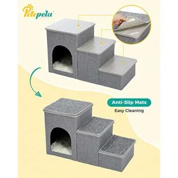 PETEPELA Cat Dog Stairs for Bed, Pet Steps for Small Dogs and Cats, Portable Heavy-Loaded [Up to 120 lbs] Dog Steps with Storage Box 3-Step to Couch, Doggie Car Ramp for Older Dogs