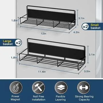 Zyerch 4 Pack Magnetic Spice Rack Organizer, Space Saver for Refrigerator and Microwave Oven, Metal Fridge Shelf, Black