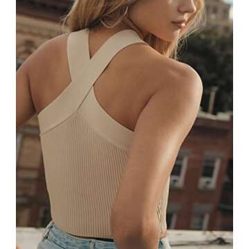 Meladyan Women Sexy Cross Halter Crop Top Tank Sleeveless Racerback Ribbed Knit Slim Solid Party Summer Cropped Vest Tops Apricot