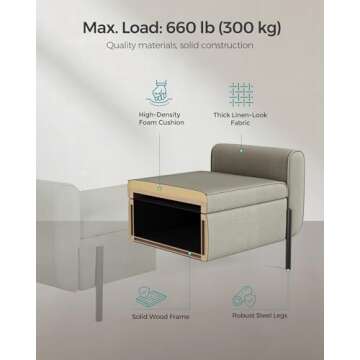 SONGMICS Storage Bench with Armrests, Ottoman with Storage for Living Room, Storage Ottoman Bench for Bedroom, Entryway, Living Room, Steel Legs, Camel Brown ULOM072K03