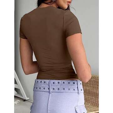 Abardsion Women's Casual Basic Going Out Crop Tops Slim Fit Short Sleeve Crew Neck Tight T Shirts (Brown, M)