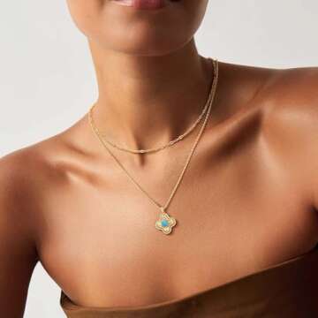 MEVECCO Dainty Gold Clover Pendant Necklace for Women Turquoise Necklace 18K Gold Plated Four Leaf Clover Necklace Handmade Cubic Zircon Necklace for Her Jewelry Gift
