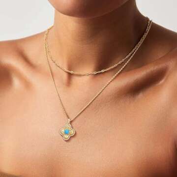 MEVECCO Dainty Gold Clover Pendant Necklace for Women Turquoise Necklace 18K Gold Plated Four Leaf Clover Necklace Handmade Cubic Zircon Necklace for Her Jewelry Gift