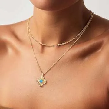 MEVECCO Dainty Gold Clover Pendant Necklace for Women Turquoise Necklace 18K Gold Plated Four Leaf Clover Necklace Handmade Cubic Zircon Necklace for Her Jewelry Gift
