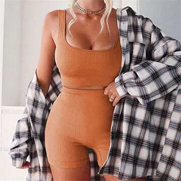 Beaufident Workout Sets for Women 2 Pieces Outfits High Waisted Yoga Shorts with Removable Paded Bra Crop Top Gym Sets Merigold