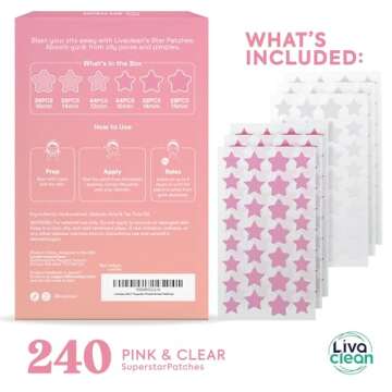 LivaClean Star Blemish Patches (240CT) - Salicylic Acid & Tea Tree Oil, Clear & Pink Pimple Patch Cu...