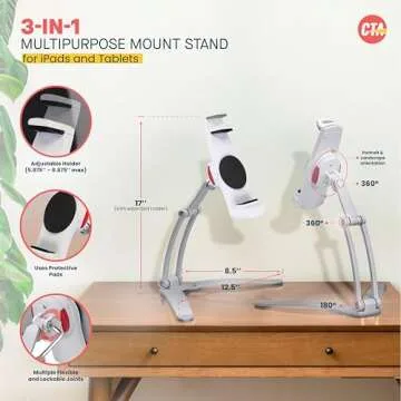 3-in-1 iPad Tablet Mount – CTA Multipurpose Universal Tablet Mount Holder for All iPad Tablets 7-13" - Made for Wall Mount - Under Cabinet & Desk Mount - Silver - (PAD-KMS)