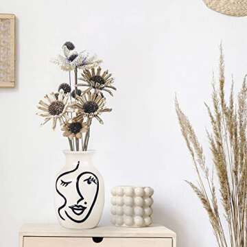 Minimalist Floral Face Vase, Decorative Flower Ceramic Vase for Living Room Home Decoration Centerpiece (White and Black) (VASE-B)