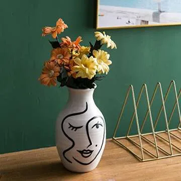 Minimalist Floral Face Vase, Decorative Flower Ceramic Vase for Living Room Home Decoration Centerpiece (White and Black) (VASE-B)