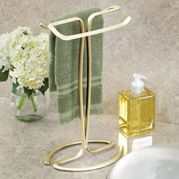 mDesign Metal Countertop Hand Towel Holder - Double-Sided Stand for Bathroom and Vanity Hand Towels and Small Guest Towels - Counter Towel Holder for Bathroom - Spira Collection, Soft Brass