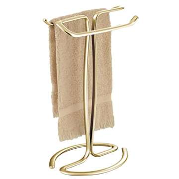 mDesign Metal Countertop Hand Towel Holder - Double-Sided Stand for Bathroom and Vanity Hand Towels and Small Guest Towels - Counter Towel Holder for Bathroom - Spira Collection, Soft Brass