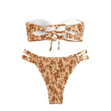 GORGLITTER Women's Strapless Bandeau String Bikini Set Floral Bow Swimsuit High Waisted Smocked Bathing Suit Brown Small