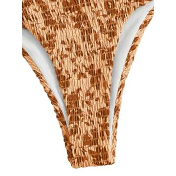 GORGLITTER Women's Strapless Bandeau String Bikini Set Floral Bow Swimsuit High Waisted Smocked Bathing Suit Brown Small