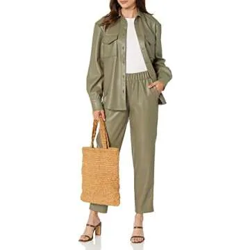 The Drop Women's @lisadnyc Faux Leather Long Shirt Jacket, Olive, M