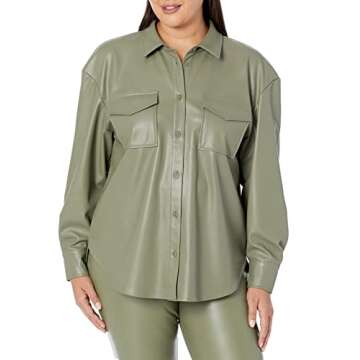 The Drop Women's @lisadnyc Faux Leather Long Shirt Jacket, Olive, M