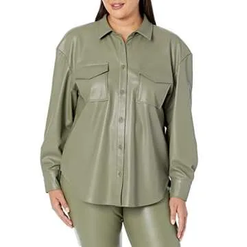 The Drop Women's @lisadnyc Faux Leather Long Shirt Jacket, Olive, M
