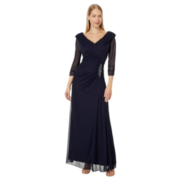 Alex Evenings Women's Long Mesh Dress with Portrait Collar and Embellished Hip Detail, Navy
