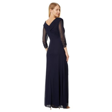 Alex Evenings Women's Long Mesh Dress with Portrait Collar and Embellished Hip Detail, Navy