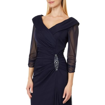 Alex Evenings Women's Long Mesh Dress with Portrait Collar and Embellished Hip Detail, Navy