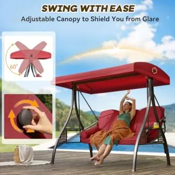 Yalissey 3 in 1 Outdoor Porch Swing with Adjustable Canopy, 3 Seat Outdoor Swing for Adults, Patio Swing Chair with Thickened Cushions,Pillows & Cup Holders for Backyard, Porch, Garden (Wine Red)