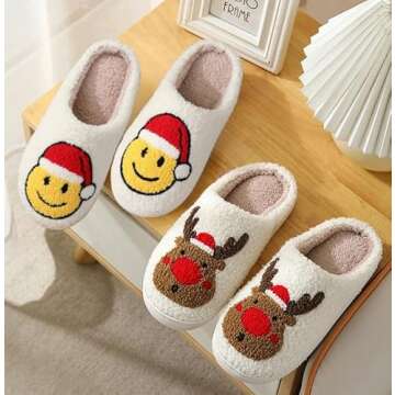 House slippers for Women Men, With Santa Claus Smiley and Reindeer Patterns, Holiday slippers- Cozy and Warm, Perfect Gifts For Family