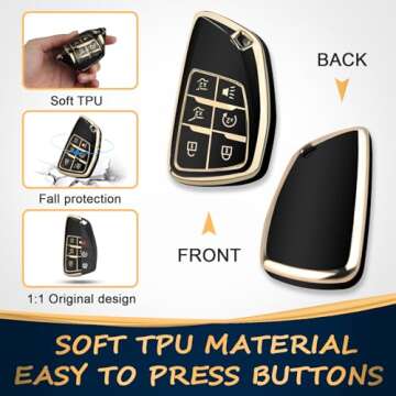 QBUC for Chevy Key Fob Cover with Keychain Soft TPU Protection Case Compatible with 2021-2025 Chevy Tahoe Suburban GMC Yukon Denali Silverado 6-Buttons(Gold Trim Black)