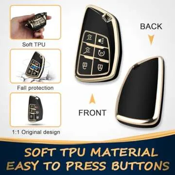 QBUC for Chevy Key Fob Cover with Keychain Soft TPU Protection Case Compatible with 2021-2025 Chevy Tahoe Suburban GMC Yukon Denali Silverado 6-Buttons(Gold Trim Black)