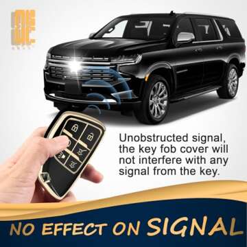 QBUC for Chevy Key Fob Cover with Keychain Soft TPU Protection Case Compatible with 2021-2025 Chevy Tahoe Suburban GMC Yukon Denali Silverado 6-Buttons(Gold Trim Black)