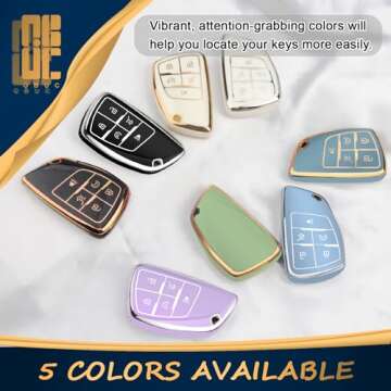 QBUC for Chevy Key Fob Cover with Keychain Soft TPU Protection Case Compatible with 2021-2025 Chevy Tahoe Suburban GMC Yukon Denali Silverado 6-Buttons(Gold Trim Black)