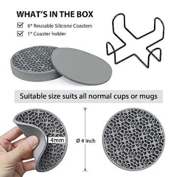 Silicone Coasters for Coffee Table - Set of 6 Reusable