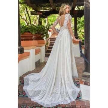 Miao Duo Women's Lace Appliqued Tulle Wedding Dresses 2024 for Bride Short Sleeves Bridal Wedding Go...