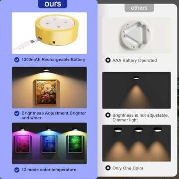 3 Pack Picture Lights for Wall, 13 RGB Color Rechargeable Battery Operated wall lights, Picture Frame lights with 3 Lighting Modes, Wireless Magnetic Painting Light with Remote Control Timer (Golden)