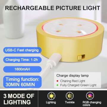 3 Pack Picture Lights for Wall, 13 RGB Color Rechargeable Battery Operated wall lights, Picture Frame lights with 3 Lighting Modes, Wireless Magnetic Painting Light with Remote Control Timer (Golden)