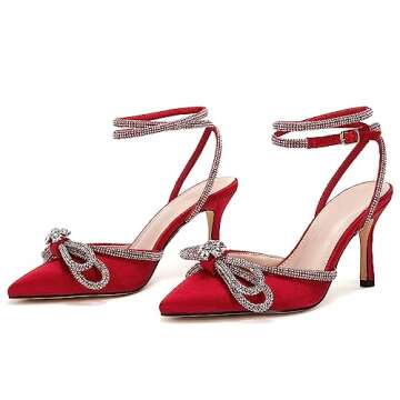 VETASTE Women's Double Bow Pointed Toe Ankle Strap Crystal Pumps Wedding Bridal Party Stilettos Backless Satin Heeled Sandals,Wine Red, Size 5.5