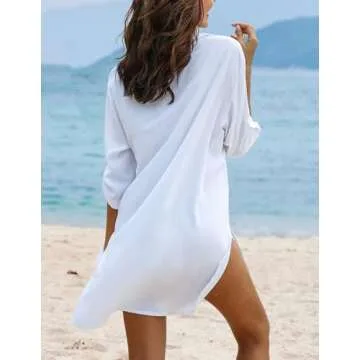 Ekouaer Women's Swimsuit Beach Cover Up Shirt Bikini Beachwear Bathing Suit Beach Dress White