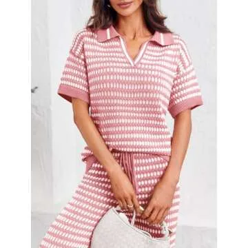 Imily Bela Womens 2 Piece Outfits Striped Short Sleeve Sweater Tops Knit Sets Wide Leg Pants Lounge Set