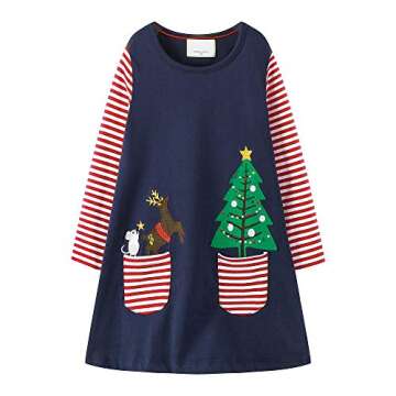 FreeLu Girls Christmas Dresses Longsleeve Cartoon Dress Striped Casual Cotton T-Shirt(Christmas Tree,5T)