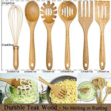 Wooden Cooking Utensils Set,Teak Wood Kitchen Utensils Set, 6 Pcs Wooden Spoons for Cooking Spatula Wood Slotted Spoon Serving Utensil Fork Nonstick Kitchen Utensils