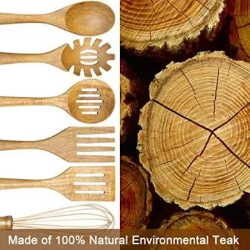 Wooden Cooking Utensils Set,Teak Wood Kitchen Utensils Set, 6 Pcs Wooden Spoons for Cooking Spatula Wood Slotted Spoon Serving Utensil Fork Nonstick Kitchen Utensils