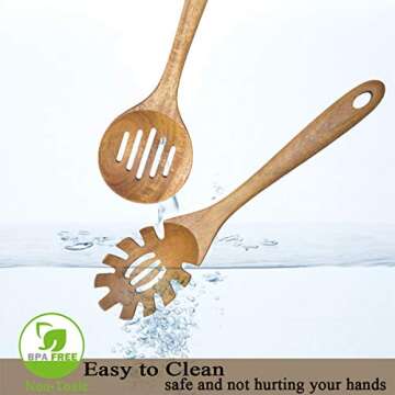 Wooden Cooking Utensils Set,Teak Wood Kitchen Utensils Set, 6 Pcs Wooden Spoons for Cooking Spatula Wood Slotted Spoon Serving Utensil Fork Nonstick Kitchen Utensils