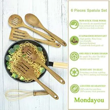 Wooden Cooking Utensils Set,Teak Wood Kitchen Utensils Set, 6 Pcs Wooden Spoons for Cooking Spatula Wood Slotted Spoon Serving Utensil Fork Nonstick Kitchen Utensils