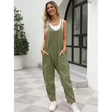 Trendy Queen Jumpsuits for Women Casual Summer Onesie Rompers Sleeveless Loose Baggy Overalls Jumpers, ArmyGreen, M