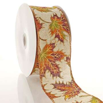 Ribbon Traditions 2 1/2" Wired Ribbon Fall Leaves on Natural Burlap 10 Yards
