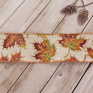 Fall Leaves Wired Ribbon on Natural Burlap 10 Yards